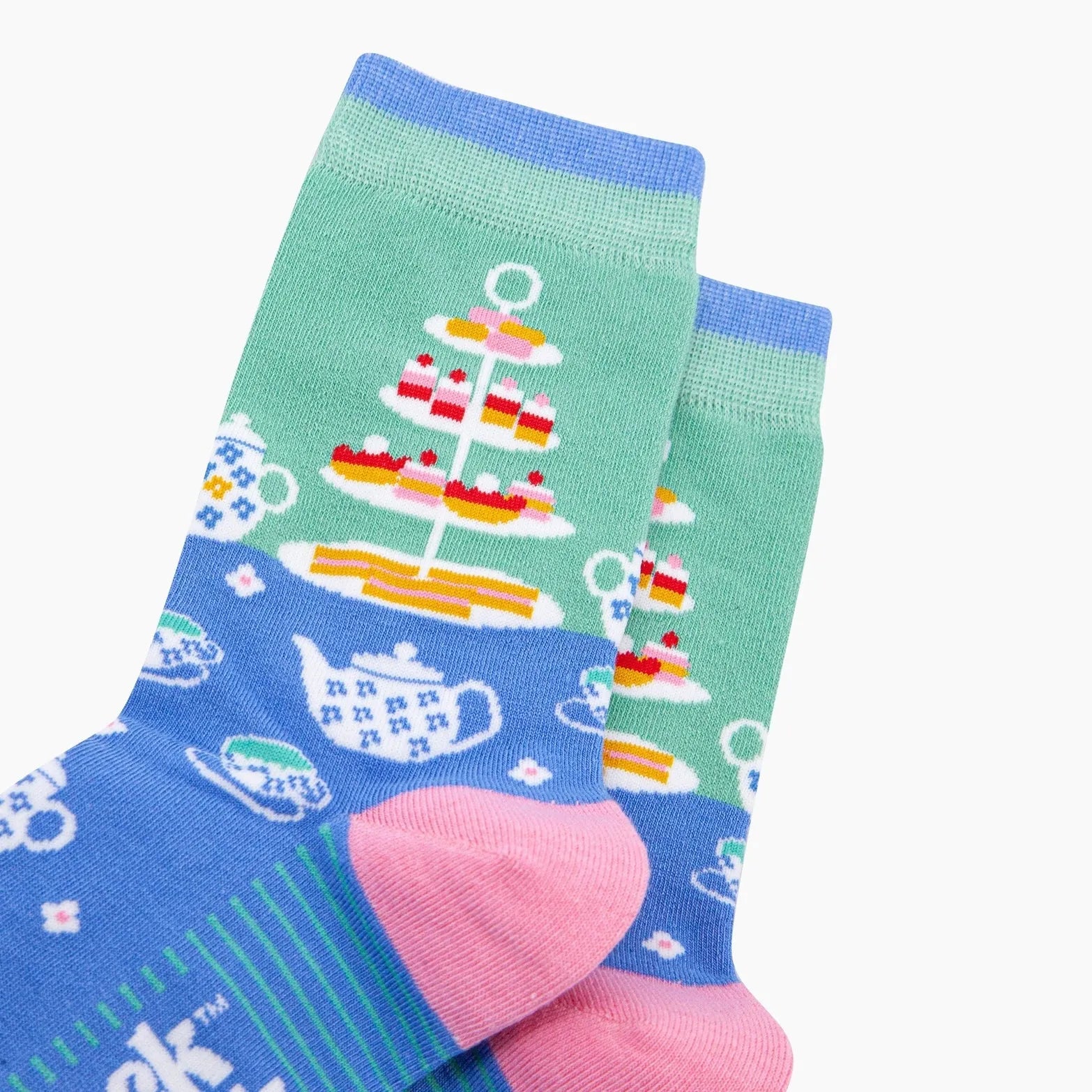 Sock Talk Afternoon High Tea Bamboo Socks in Mint and Blue with cake, tea, and dessert pattern, short crew length, vibrant colors.