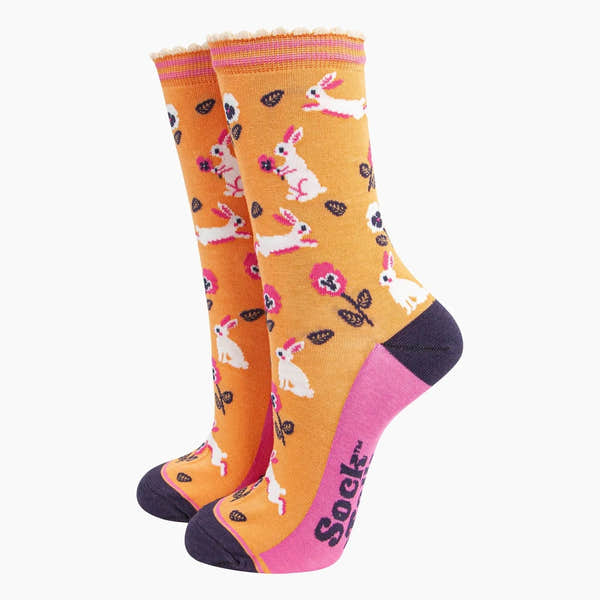 Sock Talk Bamboo Socks Orange, Rabbit and Flowers