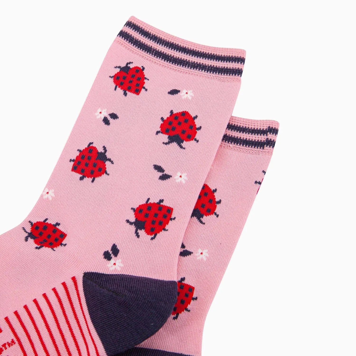 Pink bamboo socks with red ladybird and floral pattern, ribbed top, striped detail, and navy toe for women.