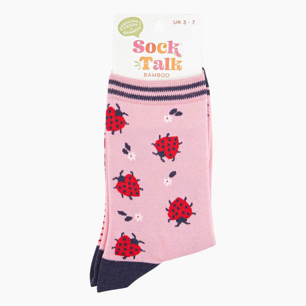 Pink bamboo socks with red ladybird and floral print, featuring navy toe and stripe detail, Sock Talk Bamboo Ladybird Socks.
