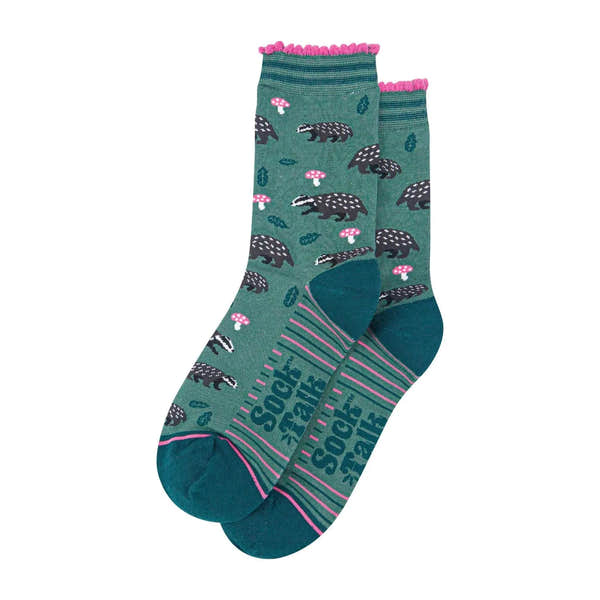 Sock Talk Bamboo Socks Sage/Forest Green, Badgers Toadstools