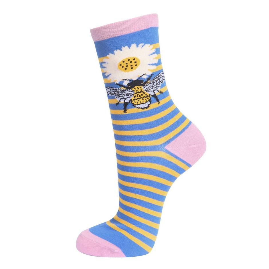 Sock Talk Bumblebee striped floral ankle bamboo socks with bee and flower design, blue and yellow stripes, pink toe and cuff.