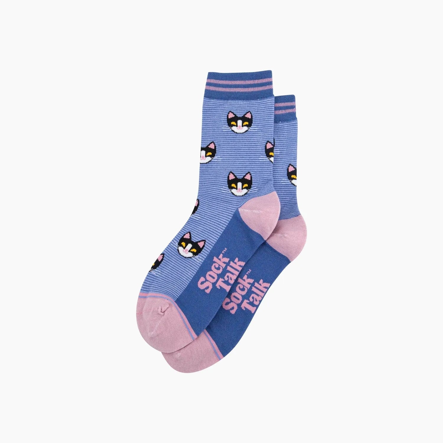 Sock Talk blue striped bamboo socks with black and pink cat face pattern, pink accents, and 