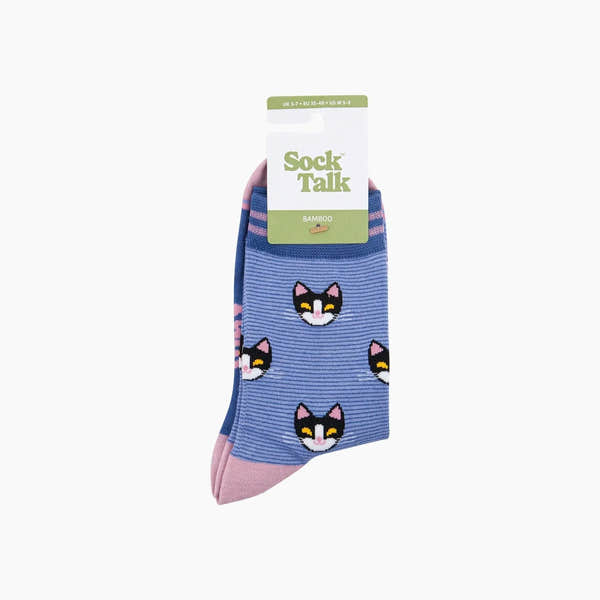 Sock Talk blue bamboo socks with black and pink cat face pattern, striped design, and pink toe detail.