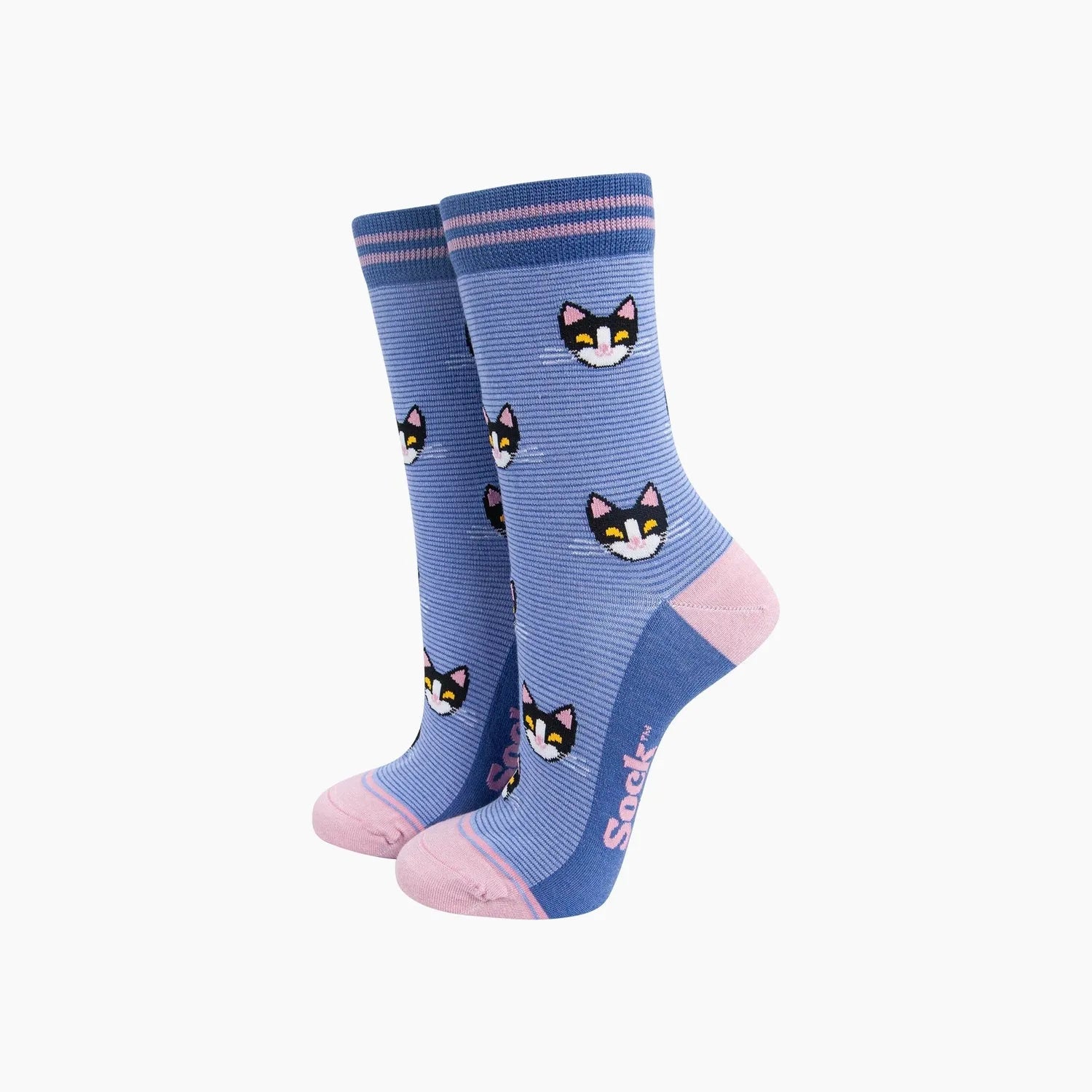 Sock Talk cats striped bamboo socks in blue with pink toe and heel, featuring cute cat face patterns.