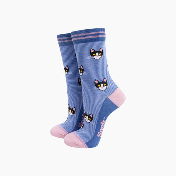 Sock Talk cats striped bamboo socks in blue with pink toe and heel, featuring cute cat face patterns.