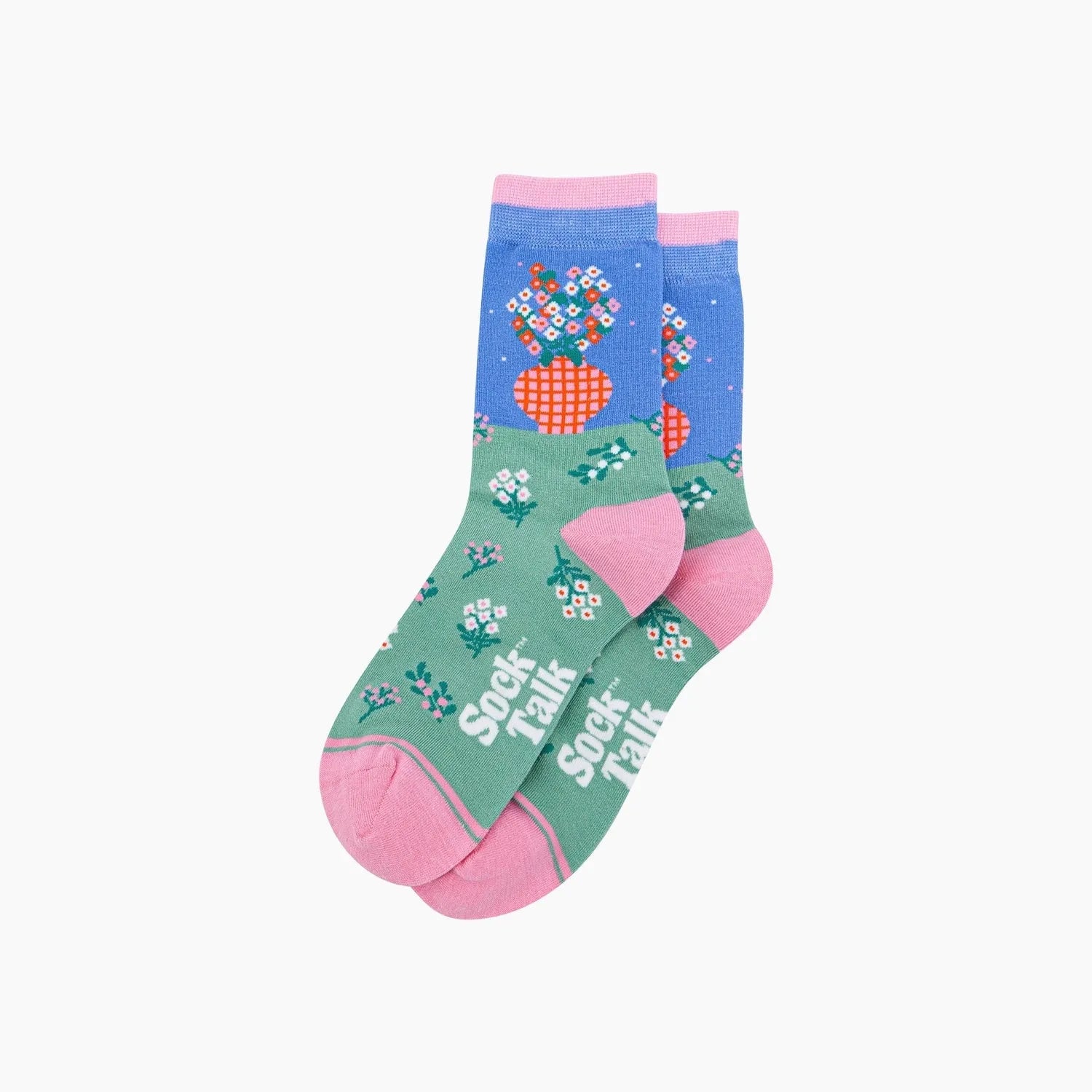Sock Talk flower vase bamboo socks in blue and pink with floral and vase design, featuring green, pink, and white colors.