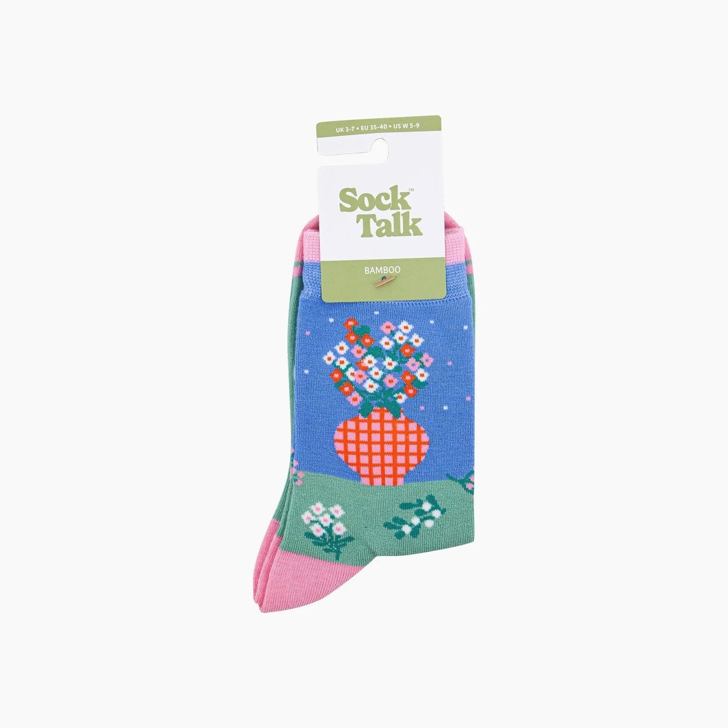 Sock Talk blue floral bamboo socks with colorful flower vase graphic, size UK 3-7, EU 35-40, US 5-9.