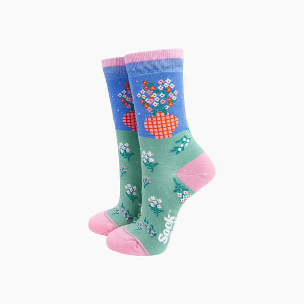 Sock Talk floral vase bamboo socks in blue, pink, green with colorful flower and plant patterns, knee-high length, comfortable fit.