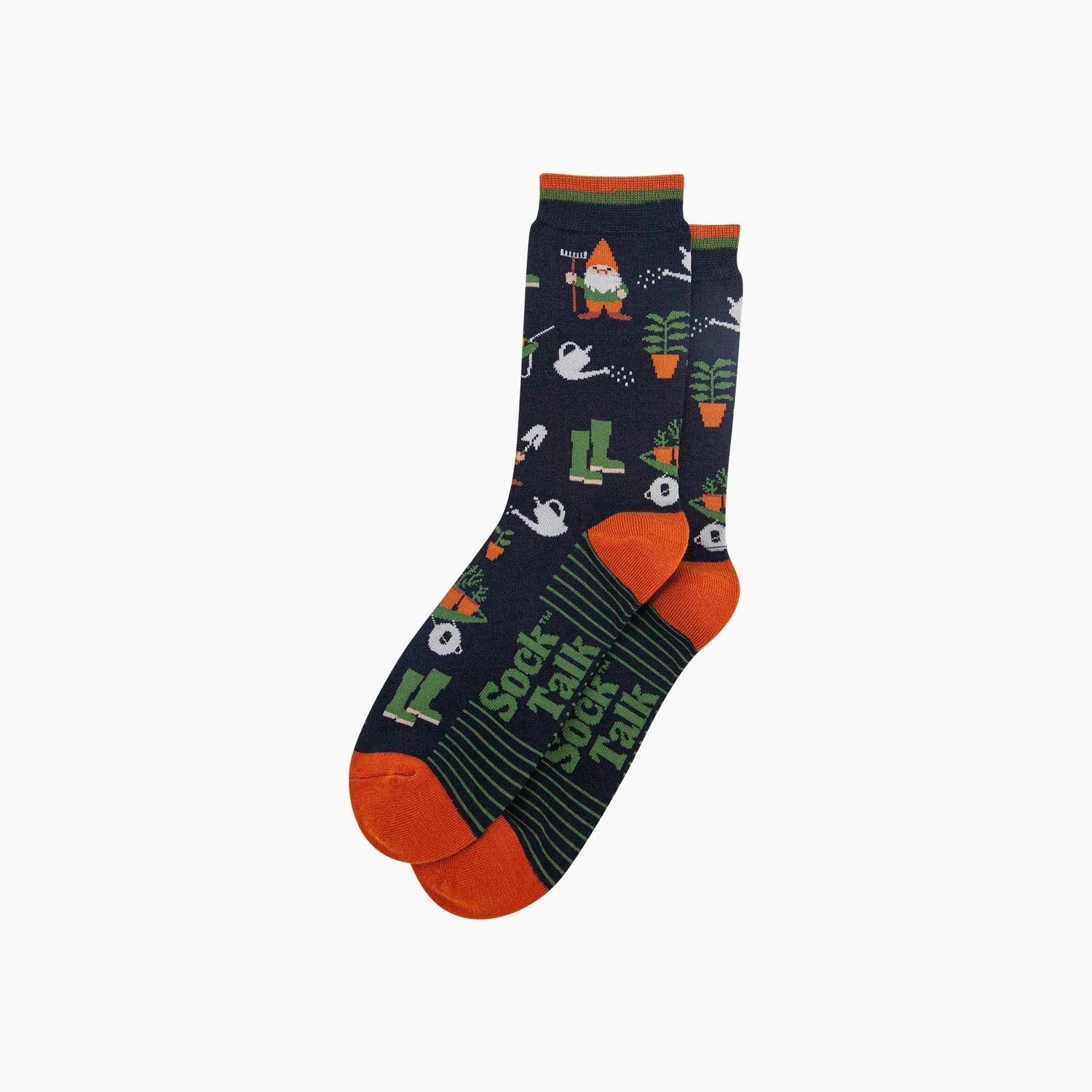 Sock Talk Garden Gnomes navy blue bamboo socks with orange accents, featuring gnome, plant, and swan patterns.