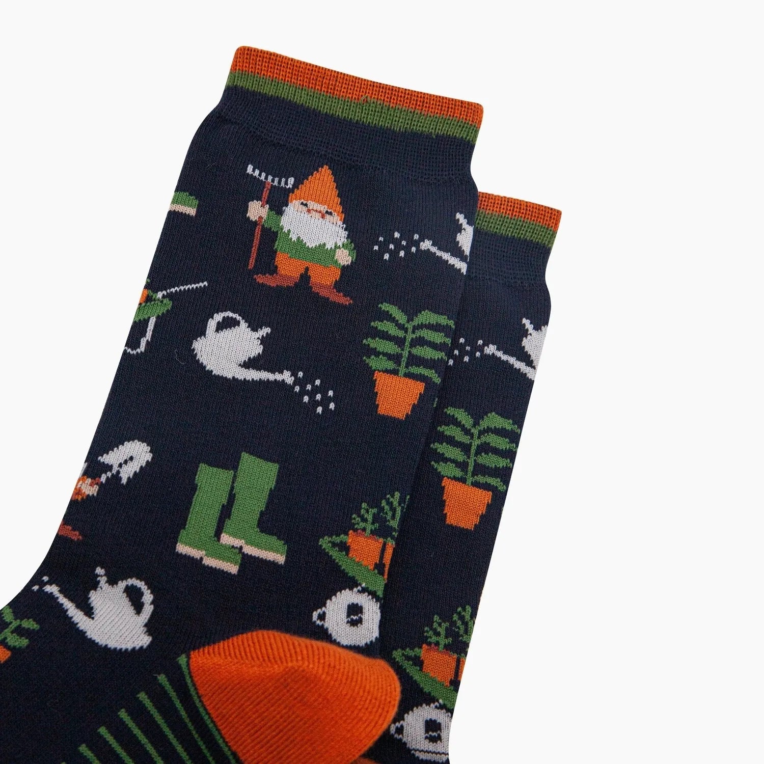 Sock Talk Garden Gnomes Navy Blue Bamboo Socks with colorful gnome, plants, and watering can pattern, comfortable fit, ideal for casual wear.