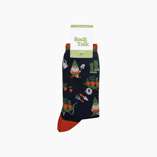 Sock Talk bamboo socks in navy blue with garden gnome, carrot, shovel, and gardening tool pattern, featuring red toe and green accents.