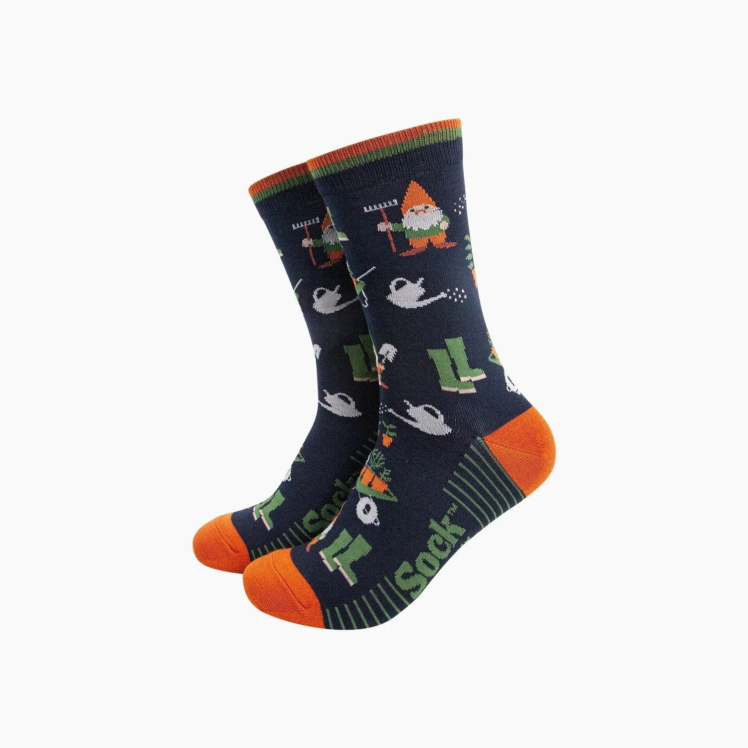 Sock Talk garden gnome bamboo socks in navy blue with orange toe and heel, featuring gnome and gardening-themed patterns.