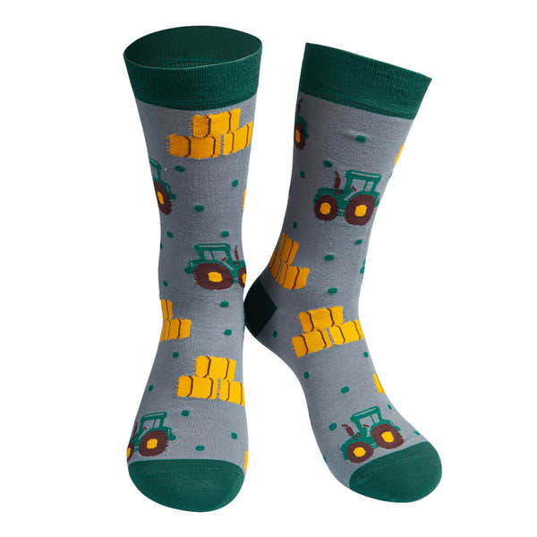 Sock Talk Grey Bamboo Green Tractor Novelty Farmer-elevate your sole