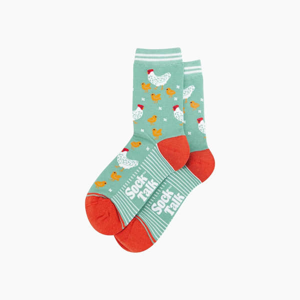 Sock Talk bamboo socks featuring hens and chicks pattern in green with red heels and toes, and "Sock Talk" branding.