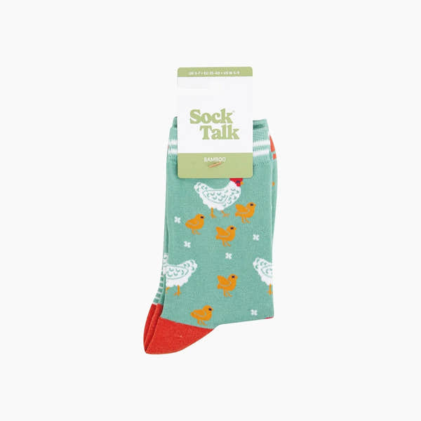 Sock Talk bamboo socks in green with hen and chick pattern, featuring red heel and toe accents.