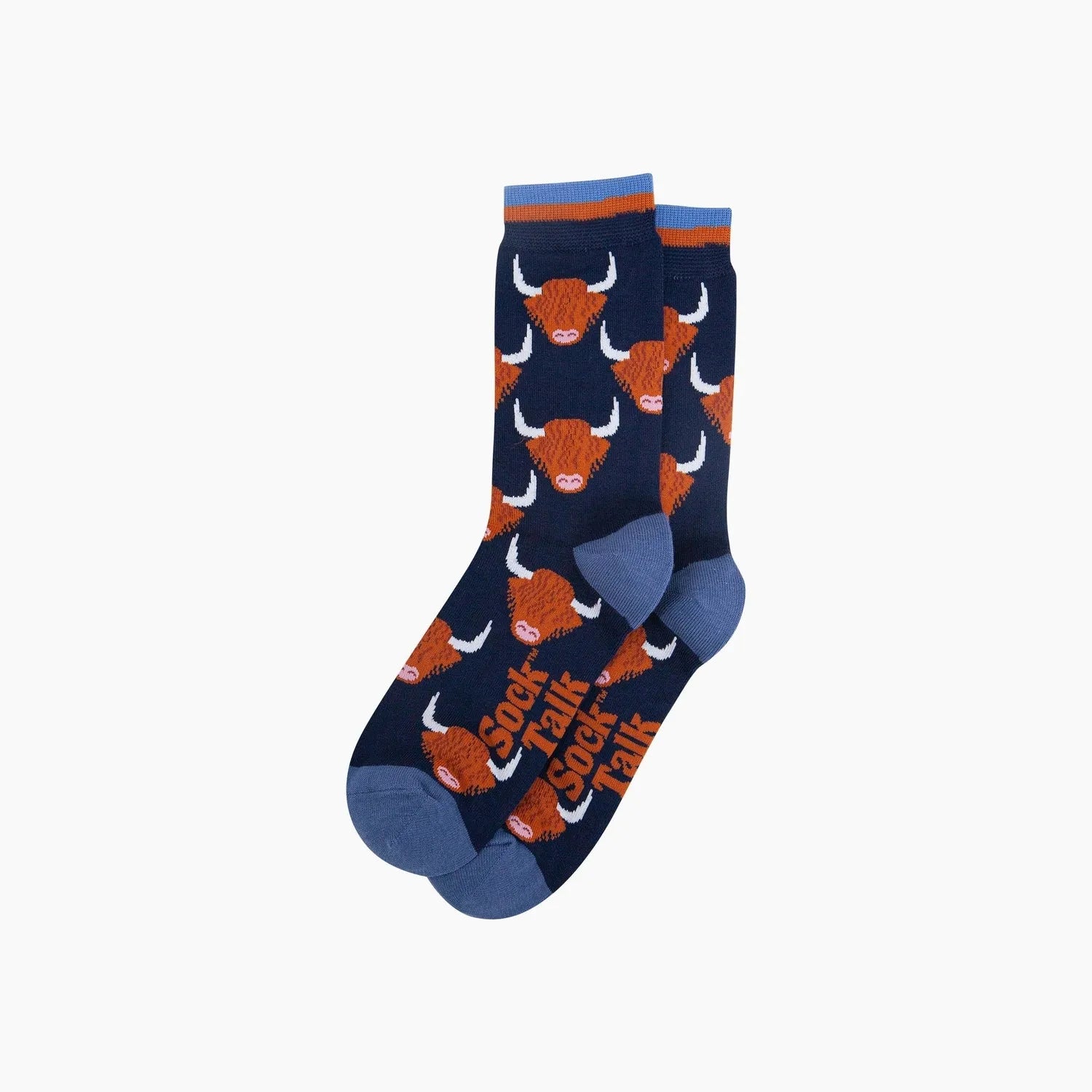 Sock Talk Highland Cow bamboo socks in navy blue with Highland cow pattern, featuring orange and white accents and blue toe and heel.