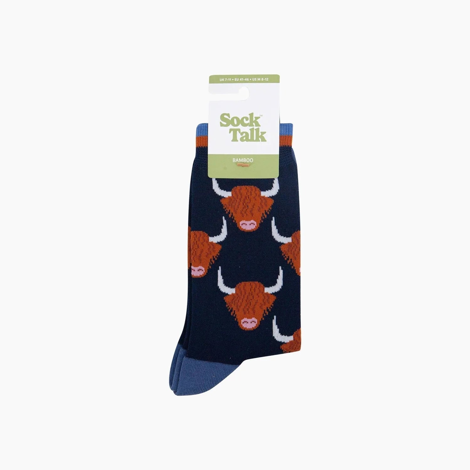 Sock Talk Highland Cow bamboo socks in navy blue with Highland cow pattern, ankle length, and colorful striped accents.