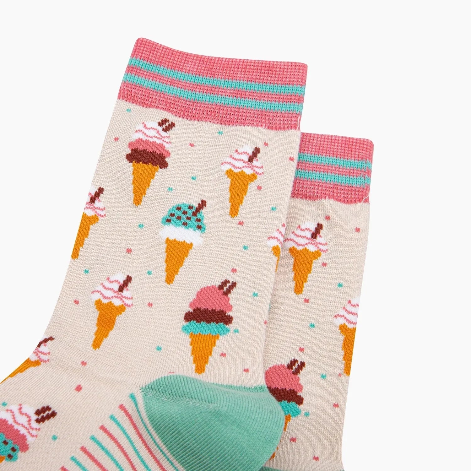 Sock Talk ice cream cone bamboo socks in cream with colorful ice cream cone patterns, pink striped cuffs, and mint green heel.
