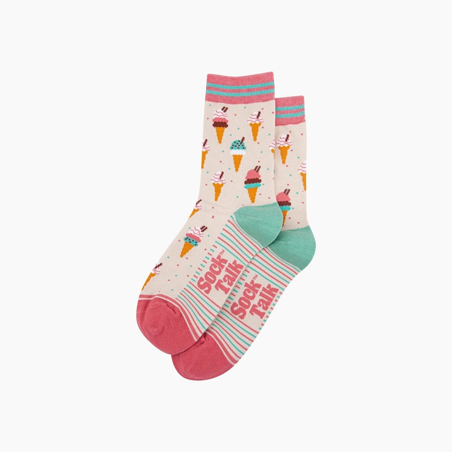 Sock Talk ice cream cone bamboo socks in cream with colorful ice cream print, pink accents, and striped details.