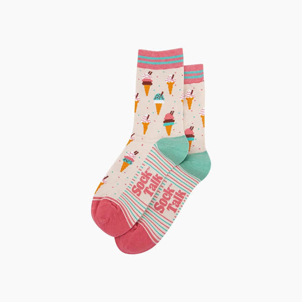 Sock Talk ice cream cone bamboo socks in cream with colorful ice cream print, pink accents, and striped details.