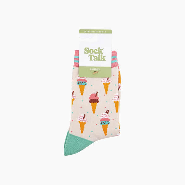 Sock Talk ice cream cone bamboo socks in cream with colorful ice cream cone patterns, mint green heel and toe, and pink striped top.
