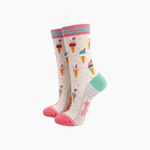 Sock Talk ice cream cone bamboo novelty socks in cream with pink, mint, and brown ice cream cone patterns, pastel striped accents.