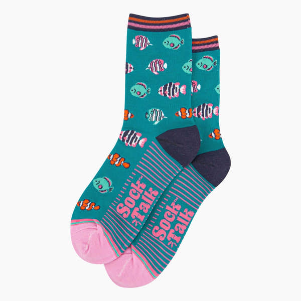 Sock Talk Ladies Aqua Tropical Fish Bamboo Socks with colorful fish pattern, pink toe, navy heel, breathable bamboo material, and striped cuffs.