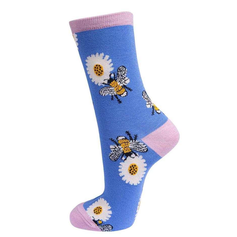 Sock Talk ladies bamboo ankle socks with bumblebees, sunflowers, and daisies design, breathable bamboo material, pink toe and cuff.
