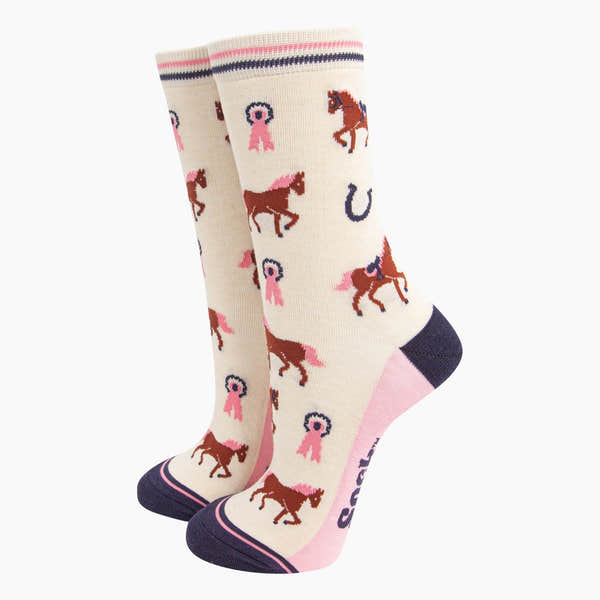 Ladies cream bamboo socks with horse and pink ribbon patterns, featuring comfortable design for riding and casual wear.