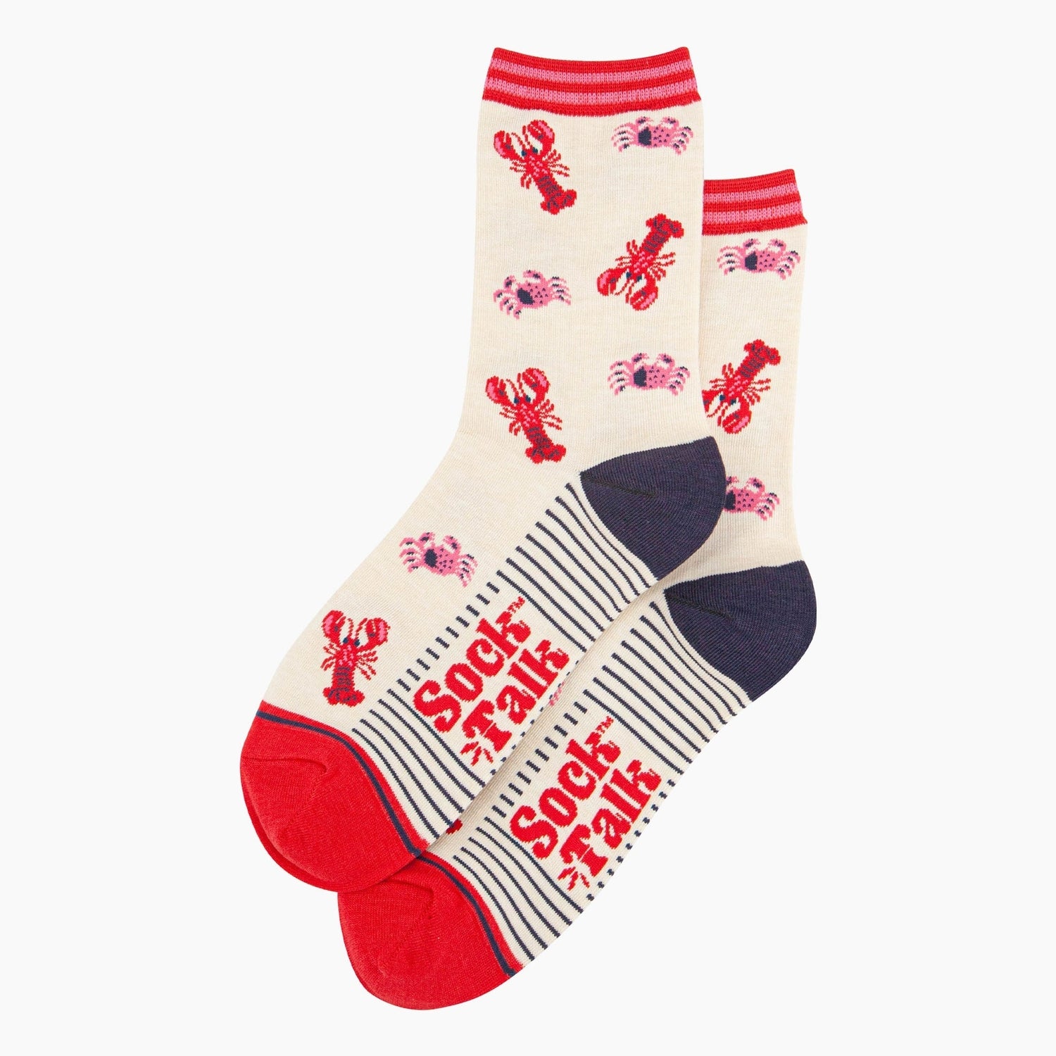 Sock Talk Ladies cream bamboo socks featuring red lobsters and pink crabs, with navy heels and toes, and 