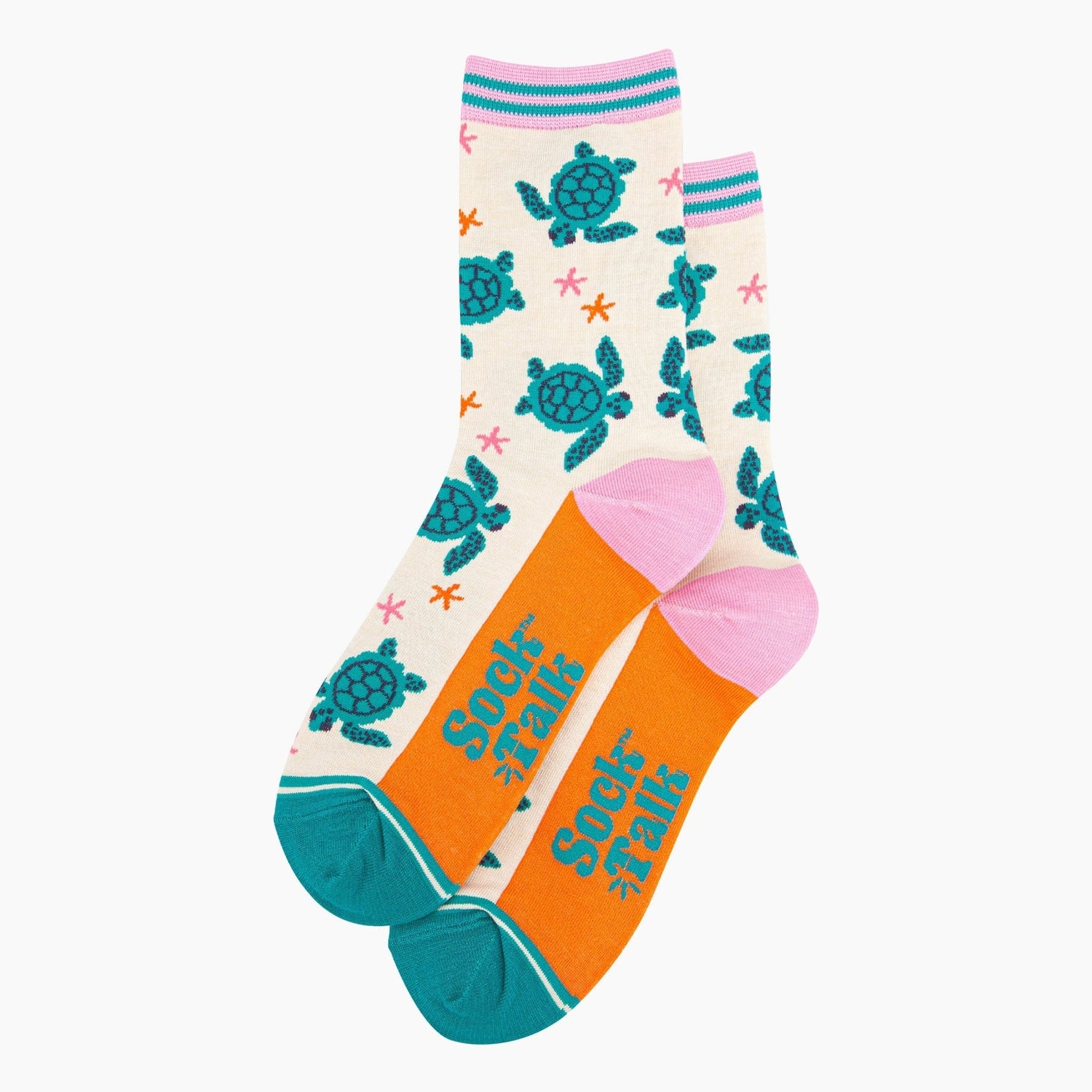 Sock Talk ladies cream bamboo socks with sea turtle and starfish pattern, pink accents, and orange 