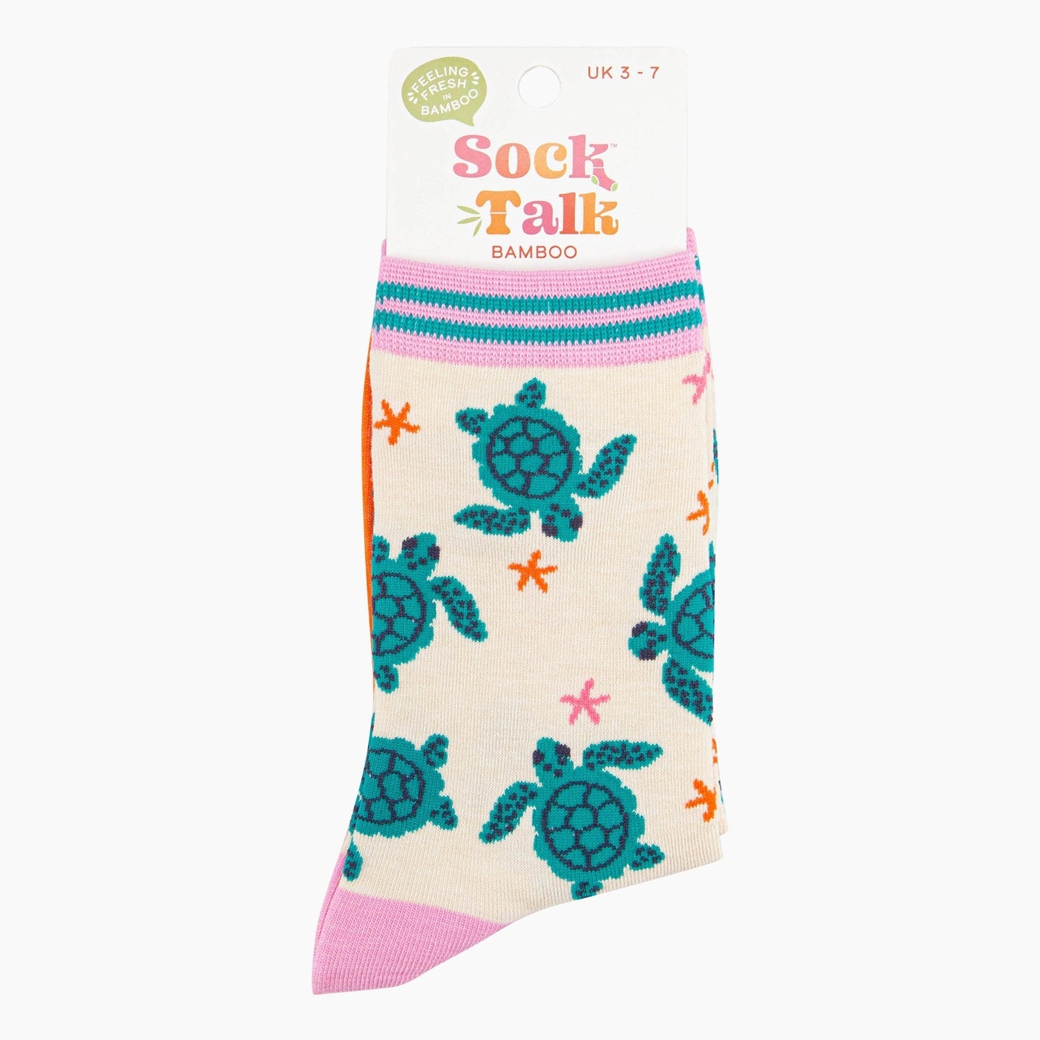 Ladies cream bamboo socks with sea turtle and starfish pattern, pink, teal, orange, and purple accents, size UK 3-7.