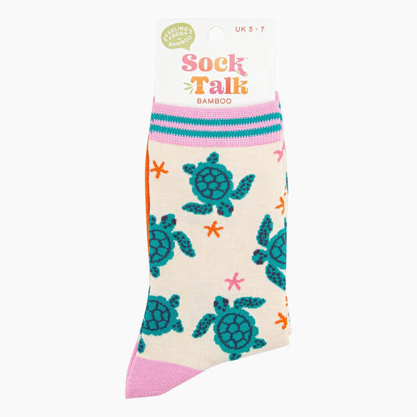 Ladies cream bamboo socks with sea turtle and starfish pattern, pink, teal, orange, and purple accents, size UK 3-7.