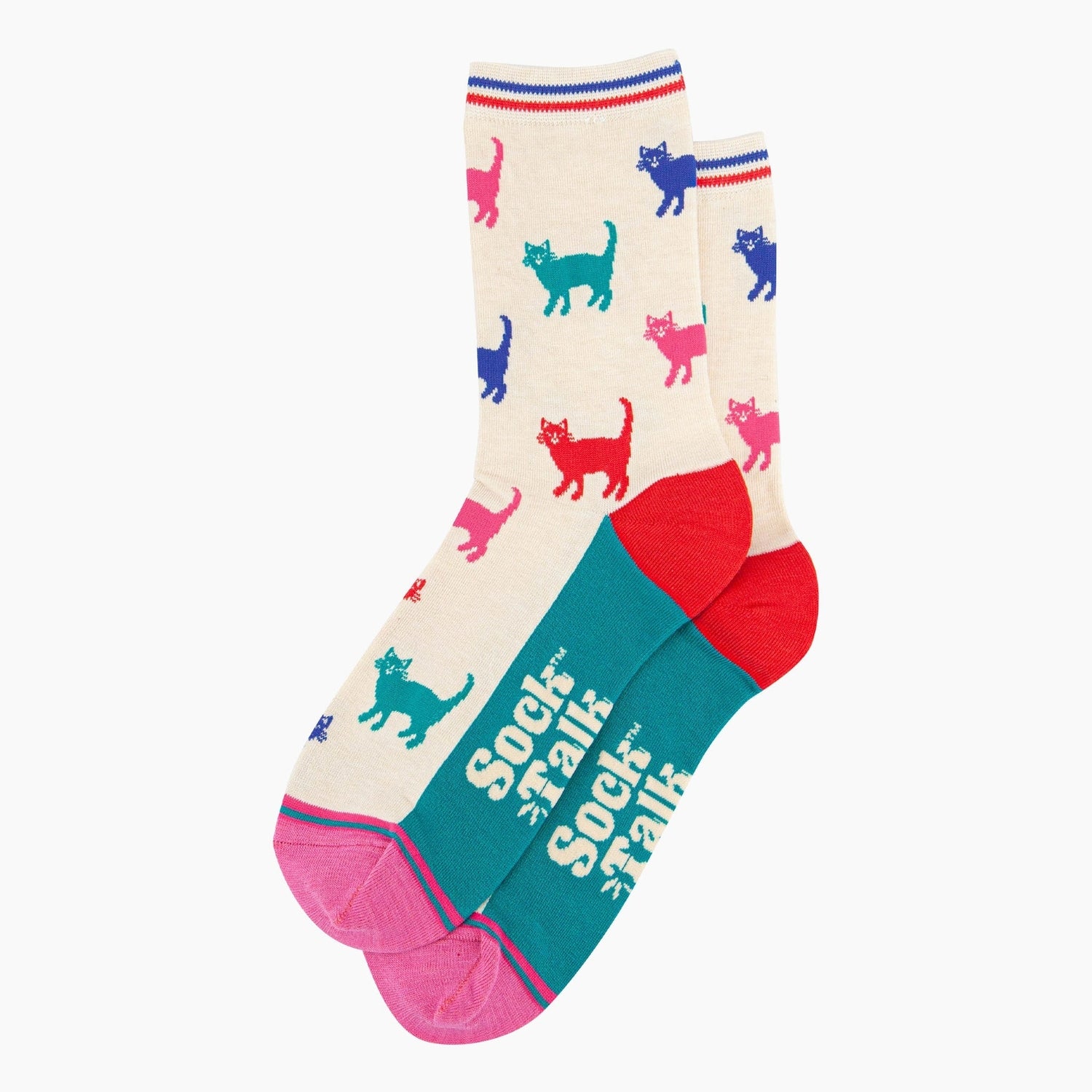 Sock Talk Ladies cream/multi cats bamboo socks with colorful cat patterns, red toe and heel, and striped cuff detail.