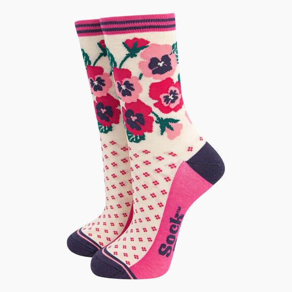 Sock Talk Ladies Cream/Pink Pansie Bamboo Socks with floral design, pink and cream colors, and navy accents.