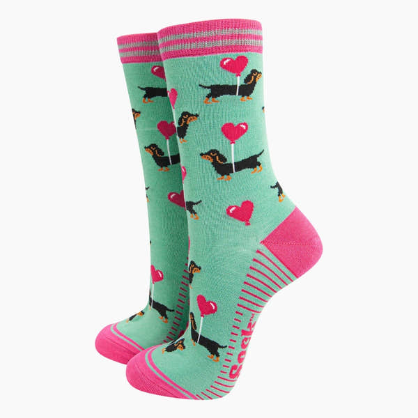 Sock Talk Ladies mint bamboo socks with sausage dog and heart balloon print, pink toe and cuff, fun and adorable design.