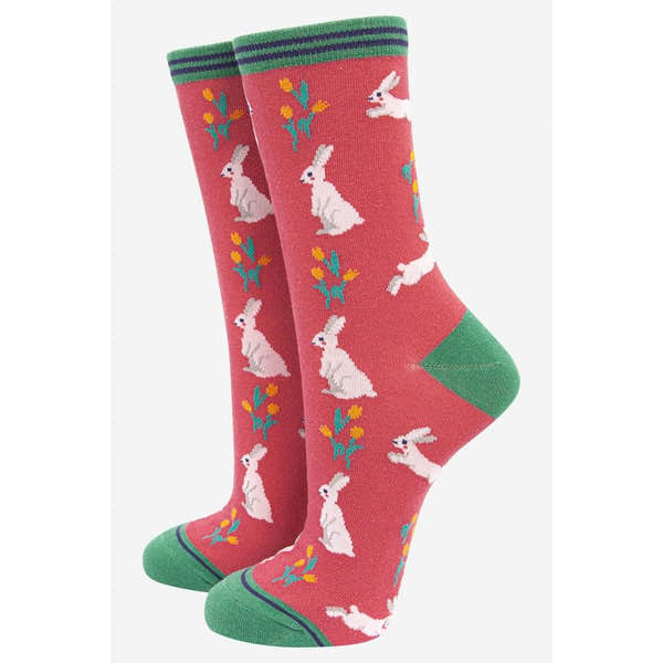 Sock Talk Ladies spring bunny rabbit bamboo socks with colorful rabbit and floral pattern, green toe and heel accents.