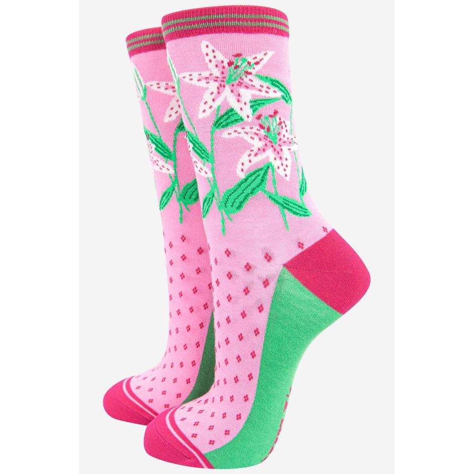 Sock Talk Ladies White Lily Floral Print Bamboo Socks, pink and green floral pattern, cushioned arch, comfortable fit.
