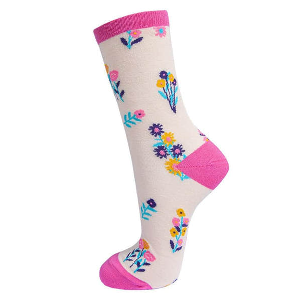 Sock Talk Ladies Wild Flowers pink floral ankle bamboo sock with vibrant flower pattern and contrasting pink toe and cuff.