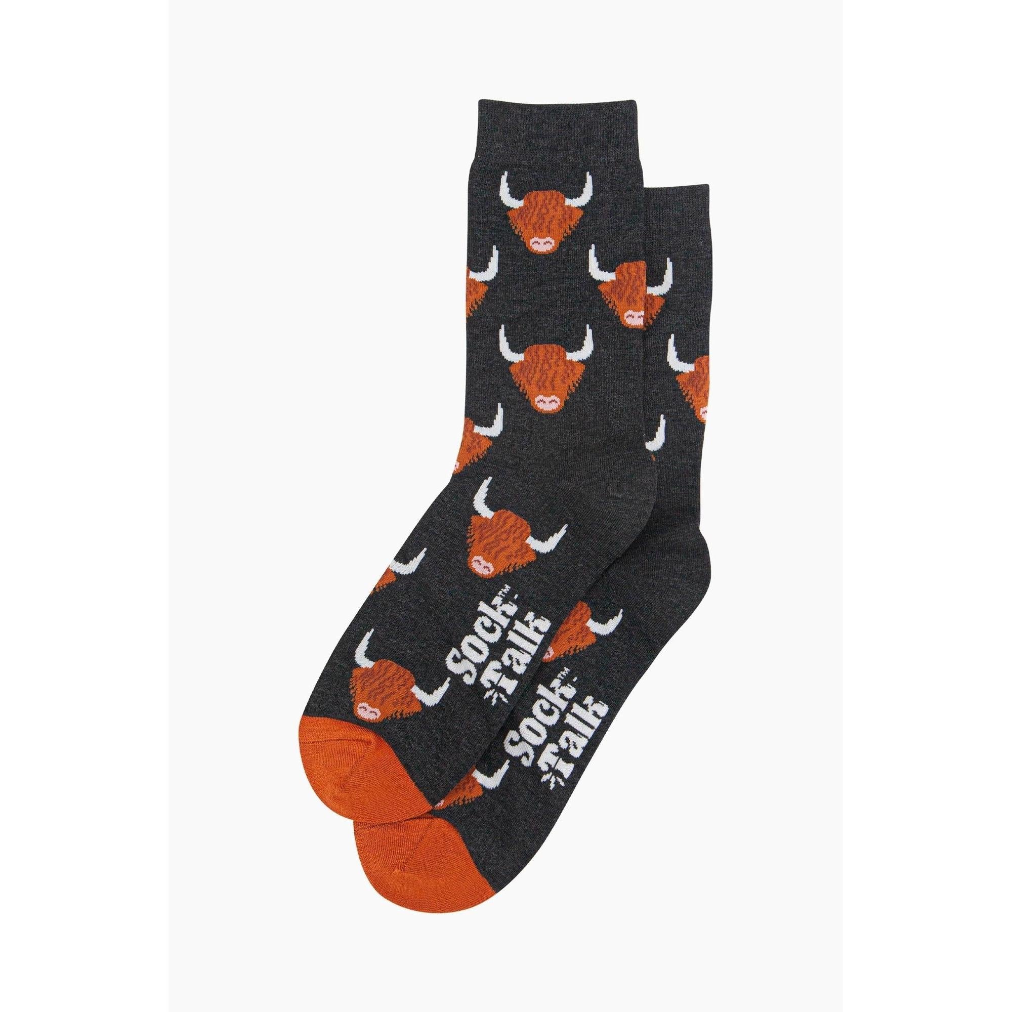 Men's black bamboo socks with Highland cow print and 