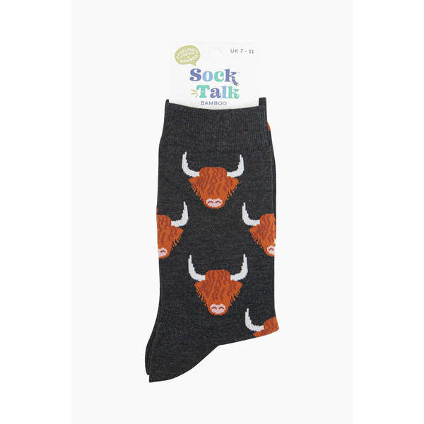 Men's black bamboo socks with Highland Cow design, featuring orange, white, and pink patterns.