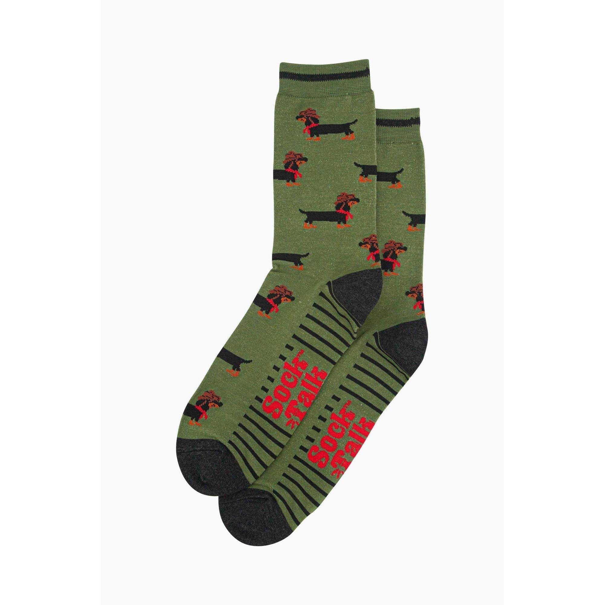 Green bamboo socks with sausage dog and cowboy design, featuring 
