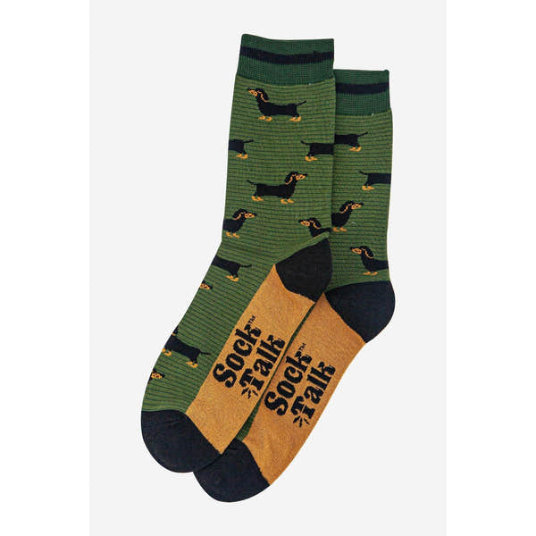 Men's bamboo socks with khaki and dark green stripes, featuring sausage dog and stripe patterns, by Sock Talk.