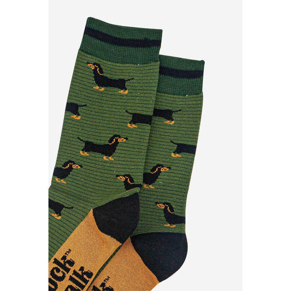 Sock Talk men's bamboo socks with sausage dog and stripe pattern in khaki and dark green.