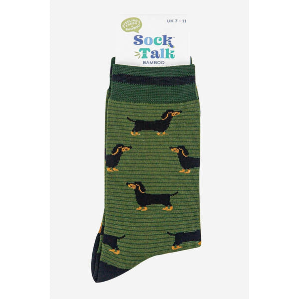 Men's bamboo sock with dachshund and stripe pattern in khaki, dark green, and black.