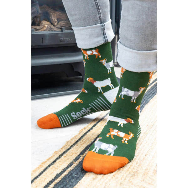Men's bamboo socks with goats pattern in khaki/tan, featuring orange accents and "Sock Talk" branding.