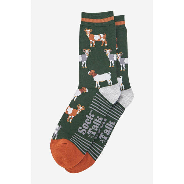 Sock Talk men's bamboo socks with khaki/tan goats design, green color, striped accents, and cushioned toes.