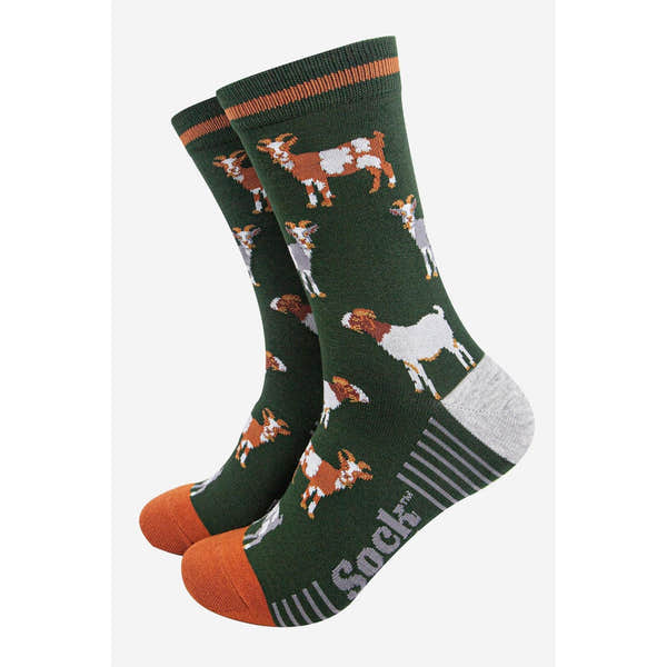Sock Talk men's bamboo socks with khaki/tan goats pattern, green base, orange toes, and gray heel detail.