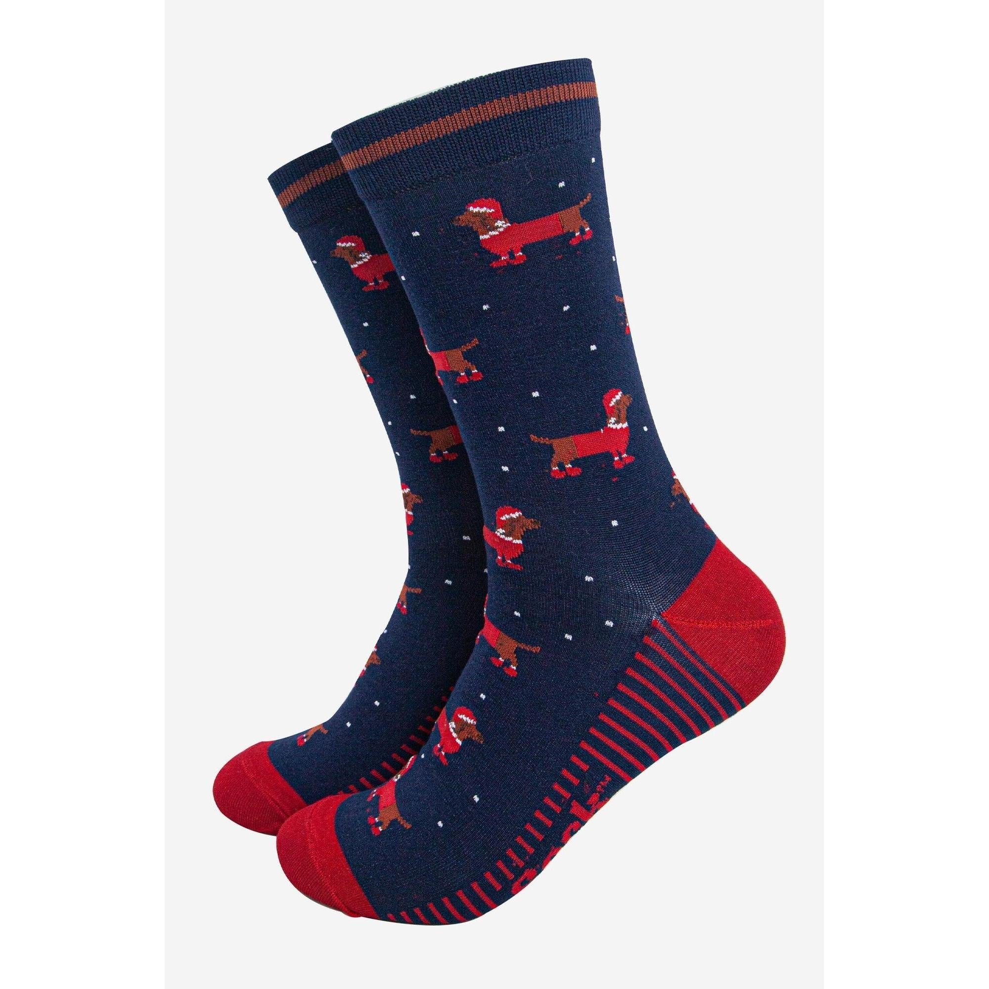 Sock Talk men's bamboo socks with navy blue, red Santa sausage dog pattern and festive holiday design.